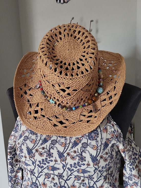 Accessories - Western Cowgirl  Straw Sun Hat with Beaded Accent - Tan